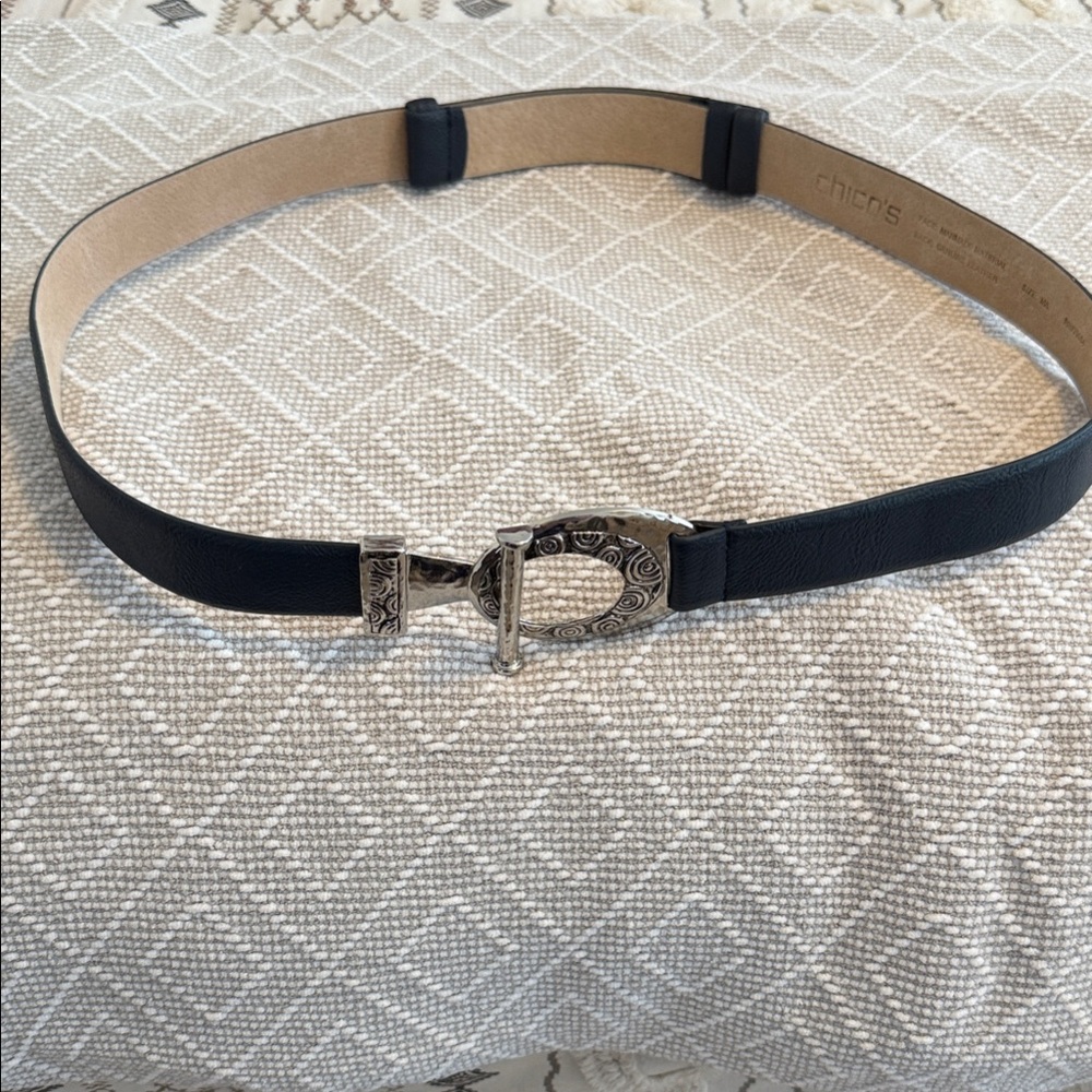 Chico's Navy Blue adjustable belt with Silver Buckle